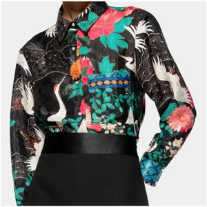 Zara Flowy Black and Green Printed Crane Button Front Shirt‎ Size XS